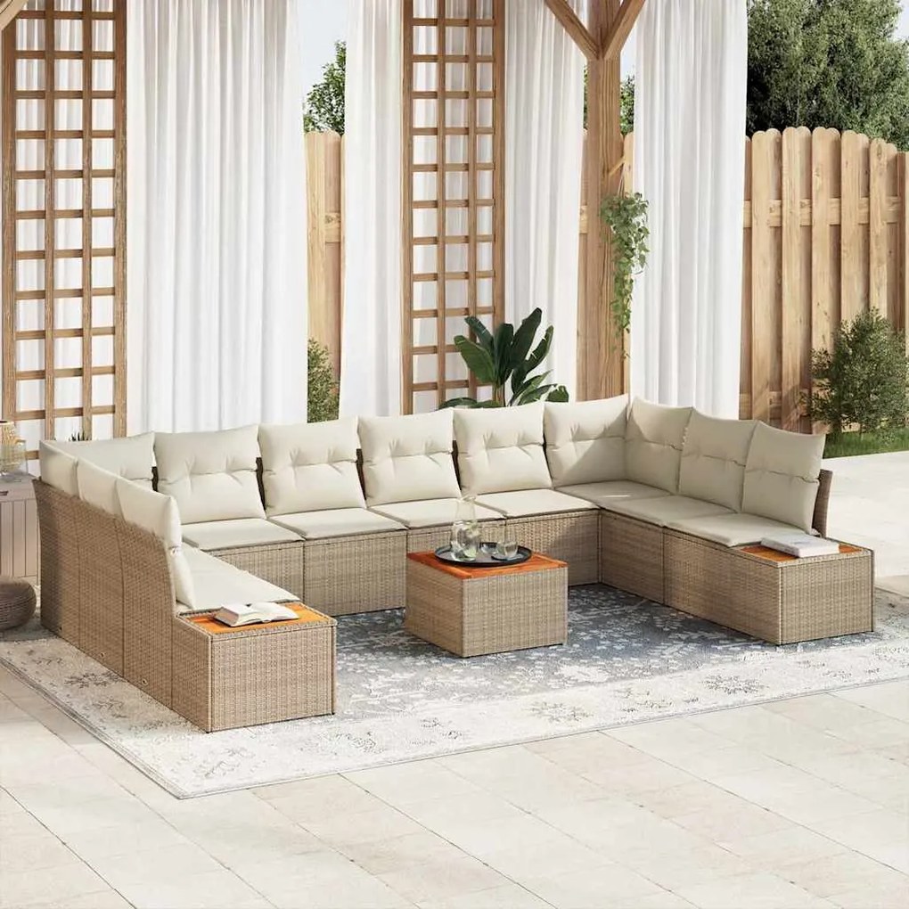 vidaXL Conjunto de Sofá de Jardim de 11 Peças com Almofadas Beijinho em Rattan Sintético e Acácia