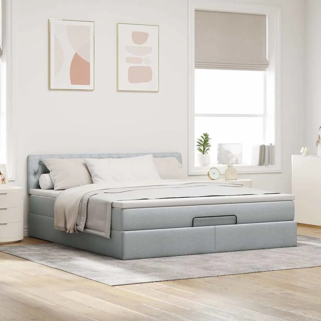 Cama otomana com colchão 160x200 cm tecido cinzento claro