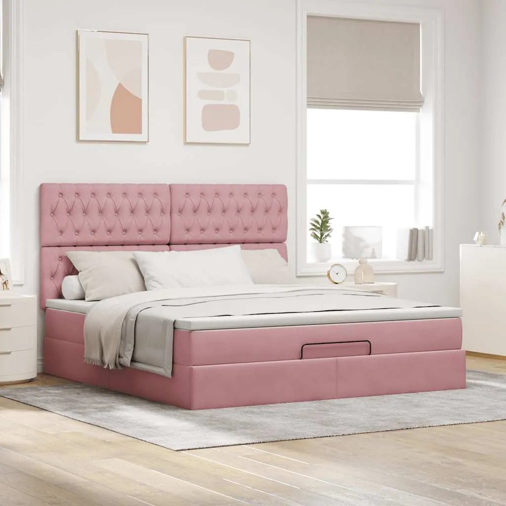 Estrutura de cama otomana com colchões 180x200 cm veludo rosa
