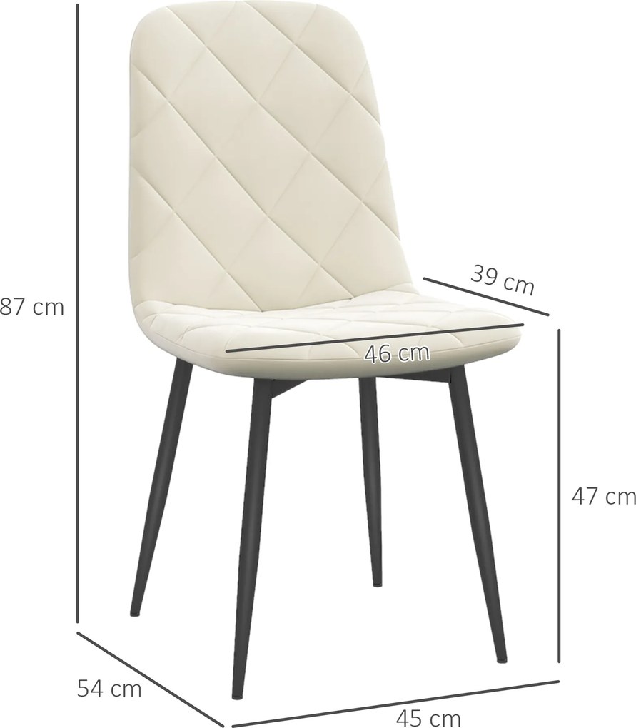 Conjunto de 4 cadeiras de jantar estofadas com encosto alto (MESA NÃO INCLUIDA), pés em aço e tecido com efeito de veludo, cor creme