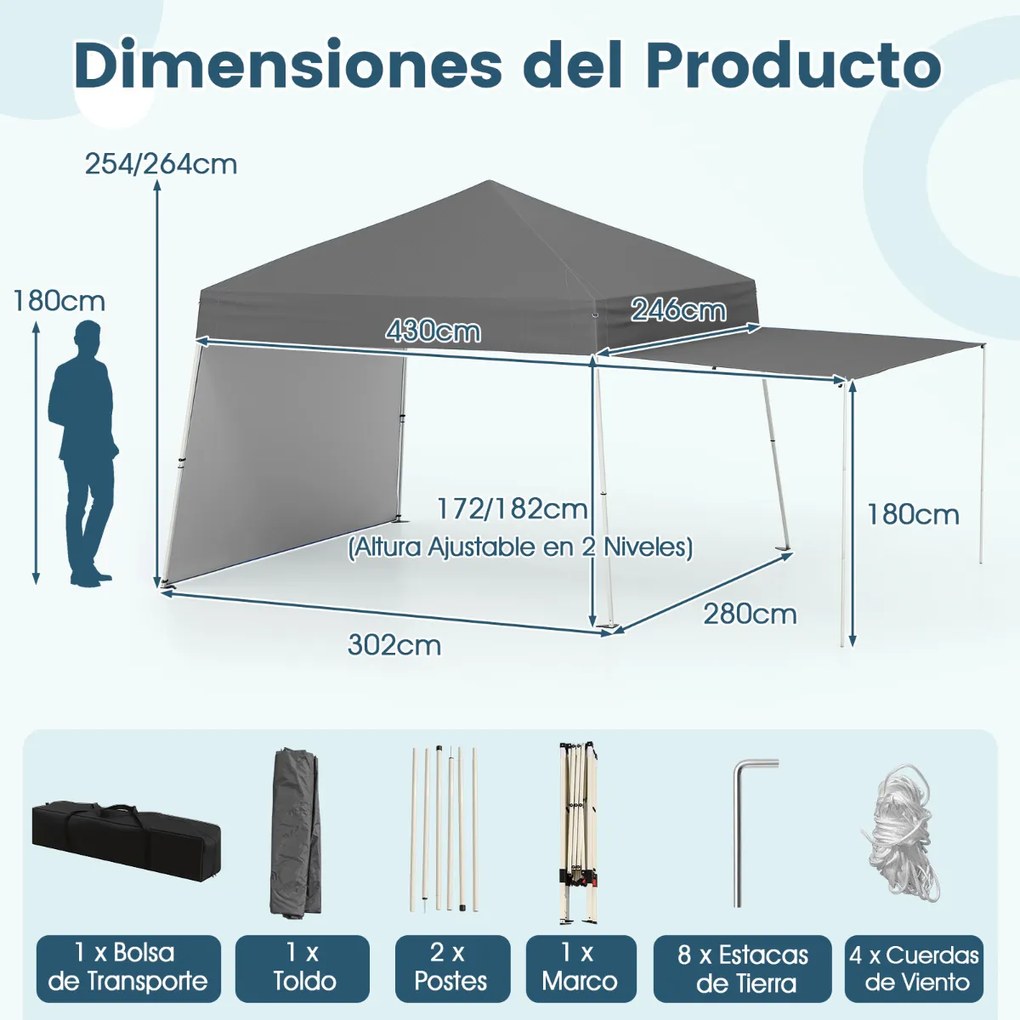 Tenda Pop-up de 430 x 280 cm com 2 paredes laterais convertíveis em toldo festas, eventos, feiras, jardim cinza