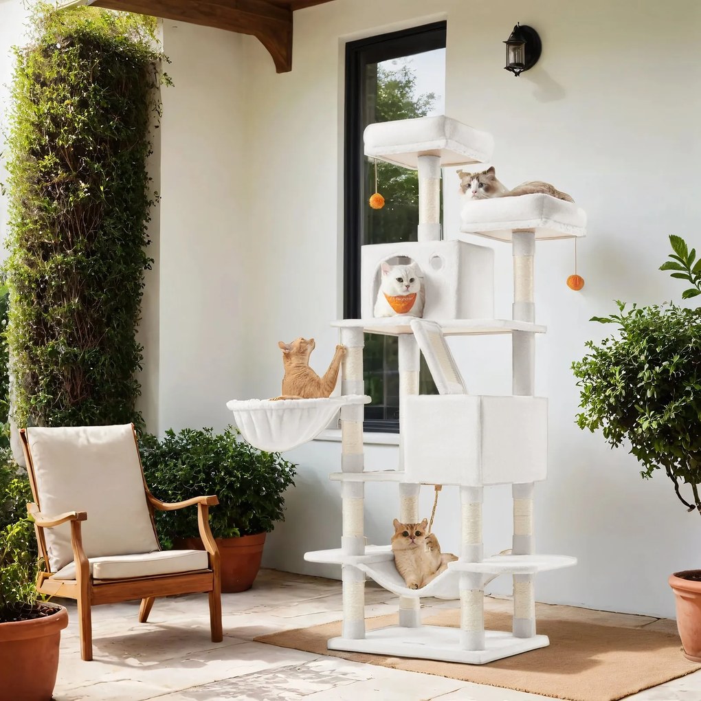 Arranhador para Gatos grande com 13 colunas para arranhar 55 x 45 x 168 cm, branco creme