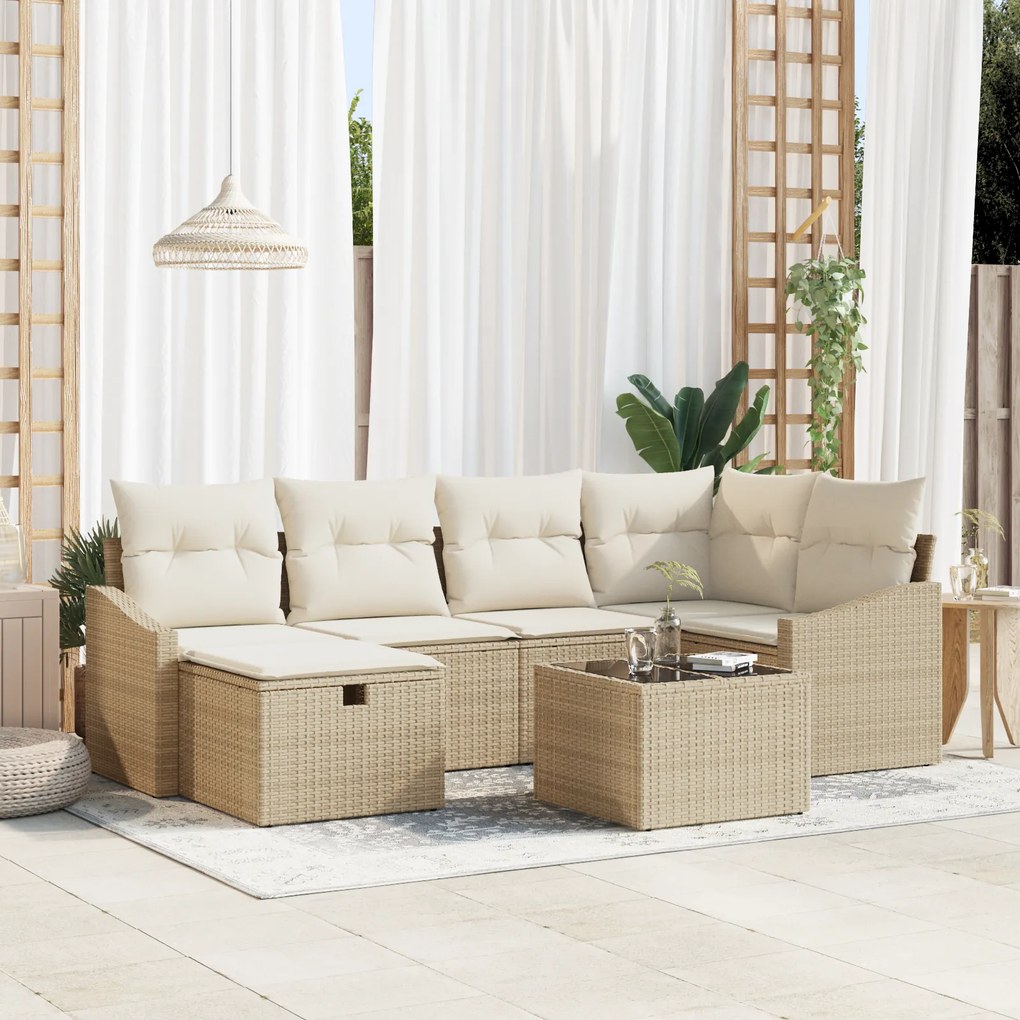 Conjunto de Sofá de Jardim com 7 Peças e Almofadas Bege de Rattan Poli