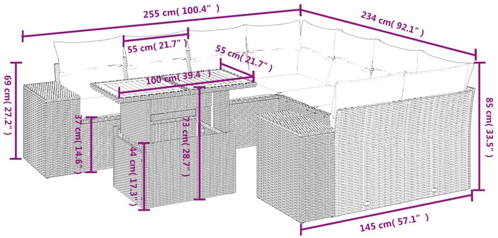 9 pcs conjunto sofás p/ jardim com almofadões vime PE cinzento