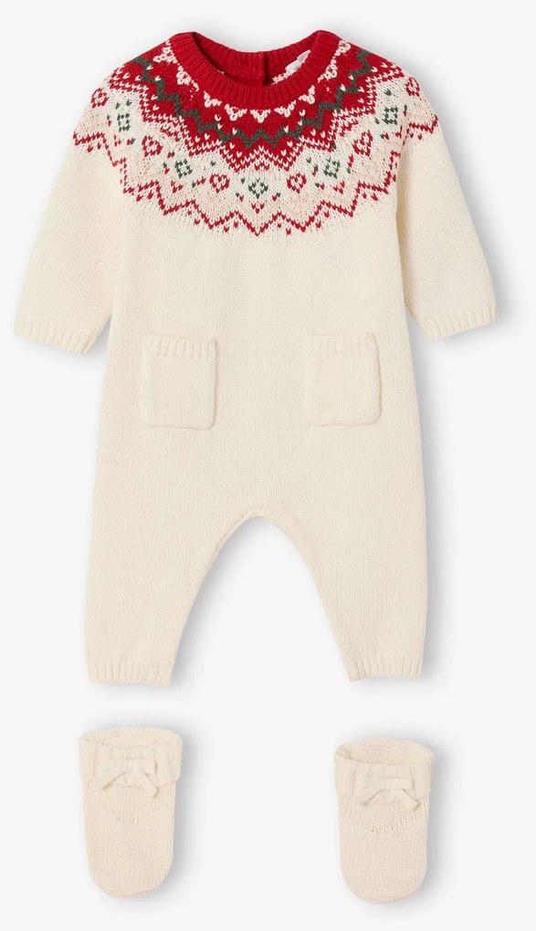 Conjunto 2 peças de Natal em tricô macacão + meias, para recém-nascido cru