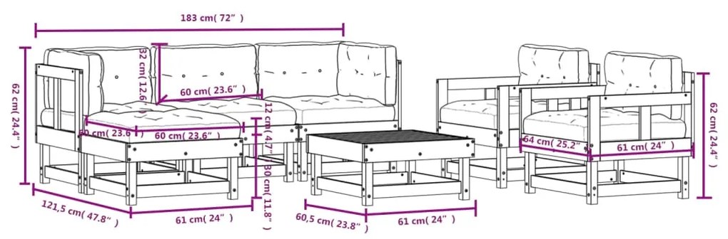 7 pcs conjunto lounge de jardim com almofadões madeira maciça
