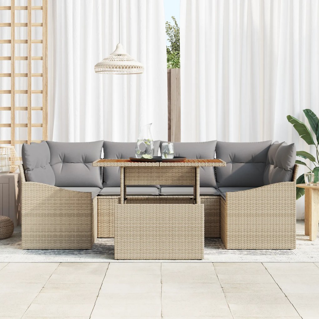 Conjunto de Sofá de Jardim 7 Peças com Almofadas Bege Rattan