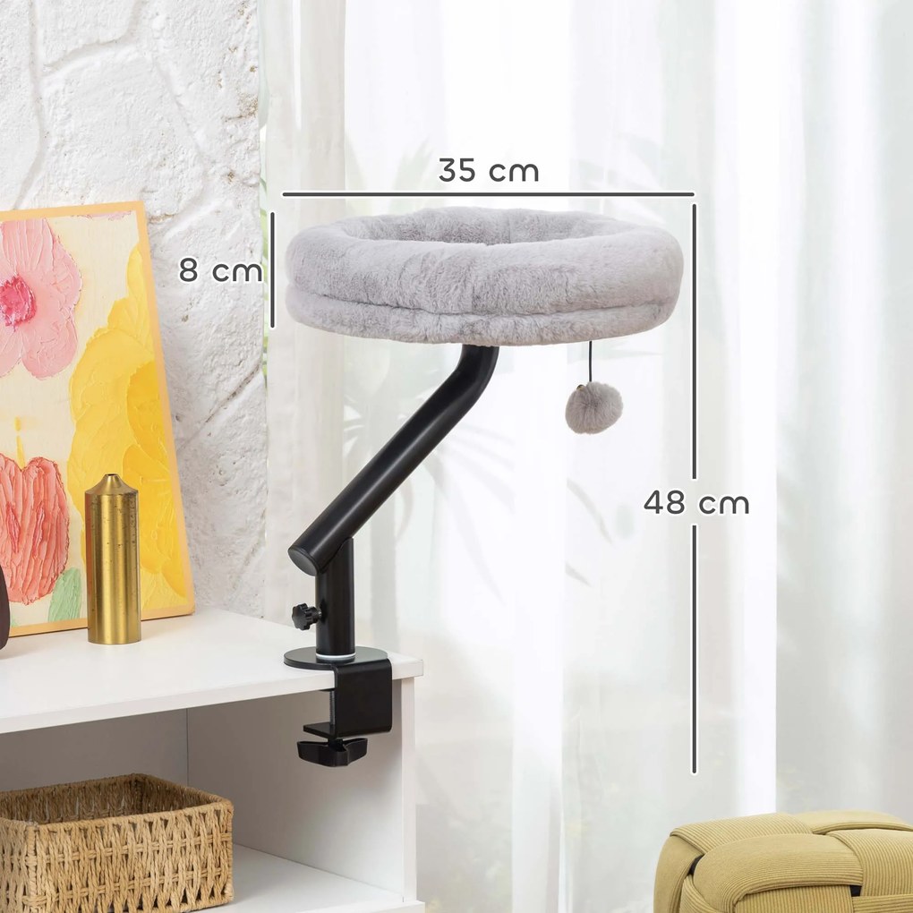 Cama de secretária para gatos com rotação de 360° e altura ajustável, cama para gatos lavável com bola de brincar, 35 x 35 x 48 cm, cinzento