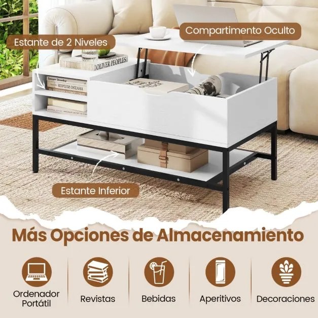 Mesa de centro elevável 99,5 x 49,5 x 47,5 cm com compartimento oculto com prateleira de armazenamento elevável Branca