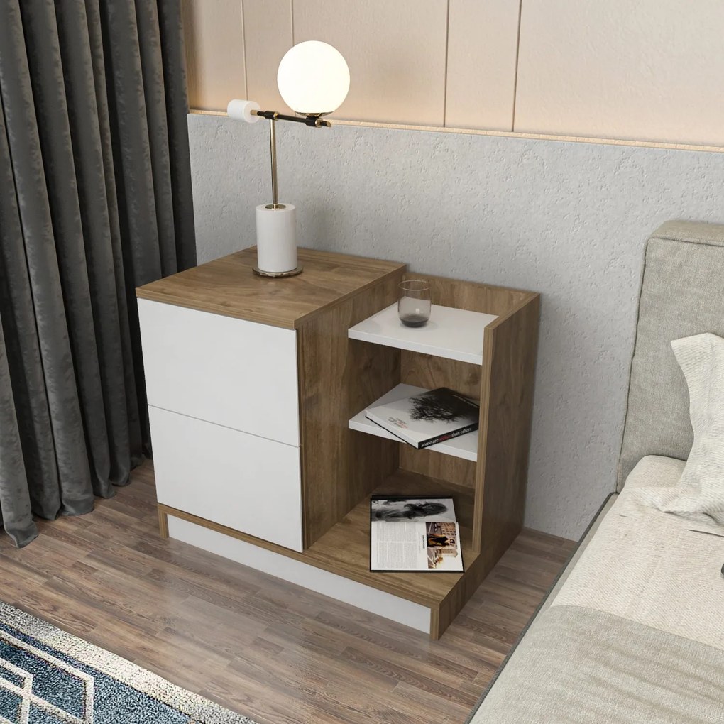 Mesa de Cabeceira Rena – Branco e Nogueira – 72x45x60 cm