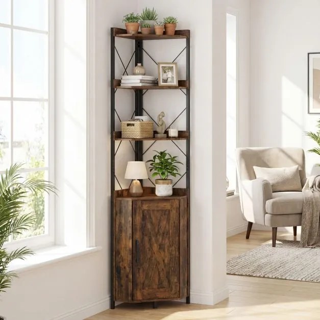 Estante de canto com armazenamento com 38 x 38 x 180 cm com grades de proteção Castanho