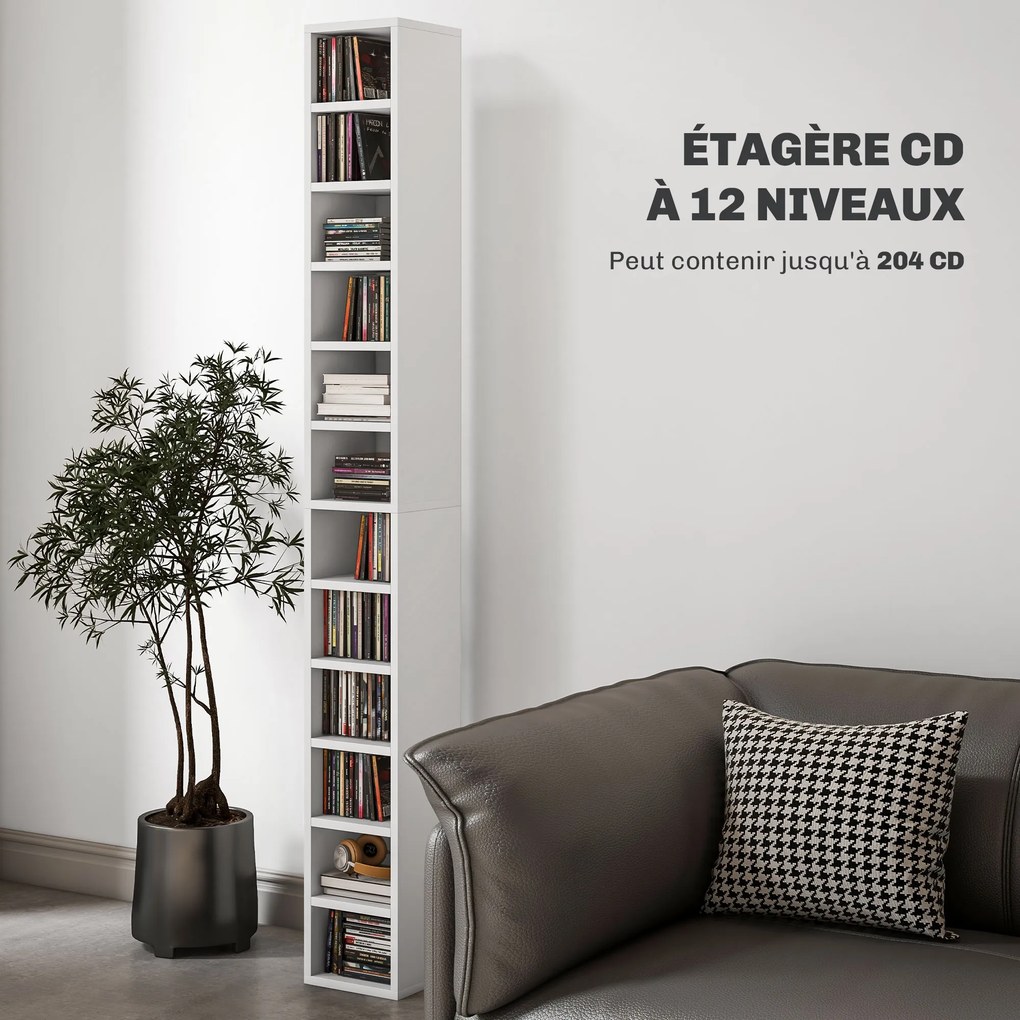 Organizador para CDs e DVDs com 12 compartimentos, capacidade máxima de 204 CDs, 21 x 20 x 175 cm, branco