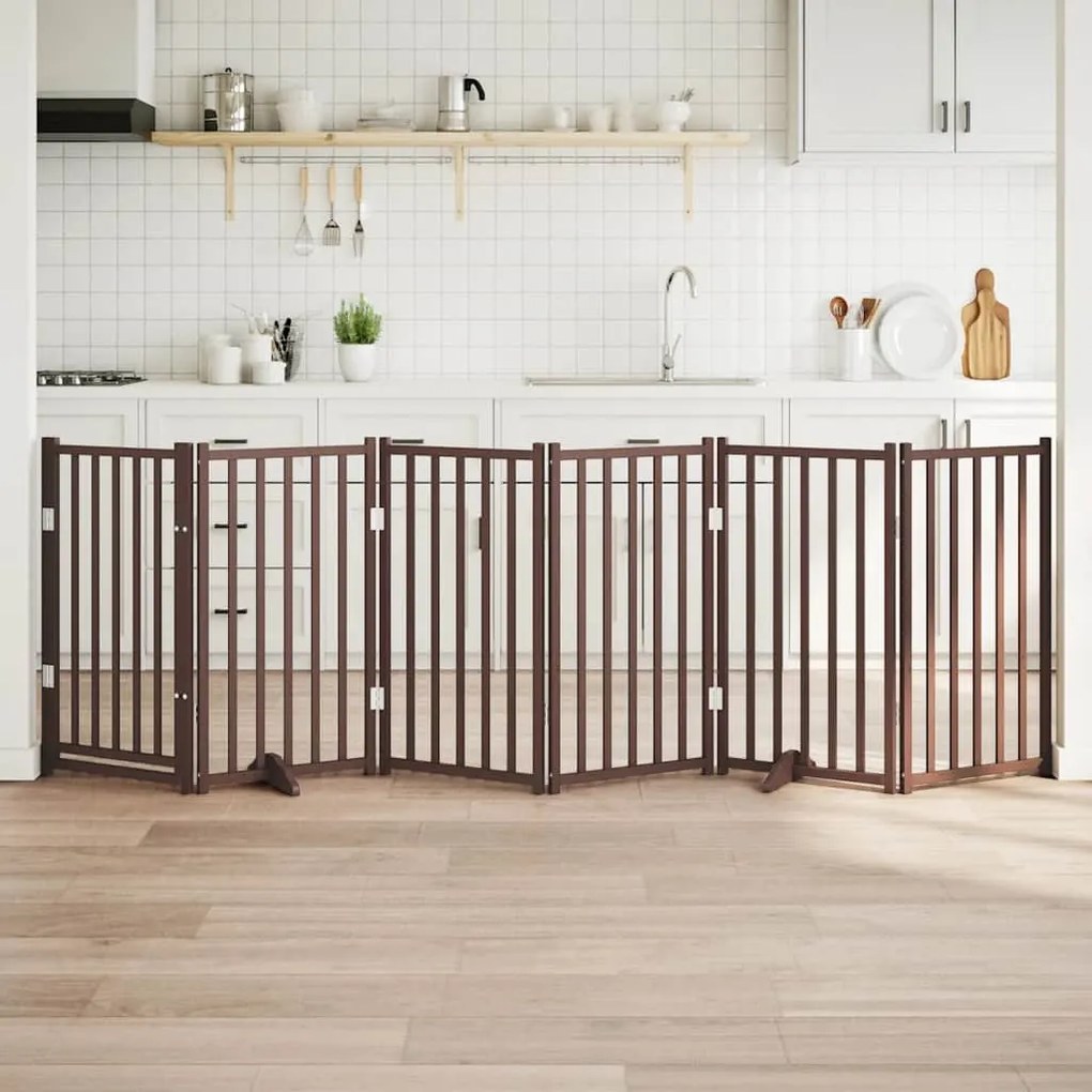 vidaXL Portão p/ cães c/ porta dobrável 6 painéis abeto carv. castanho