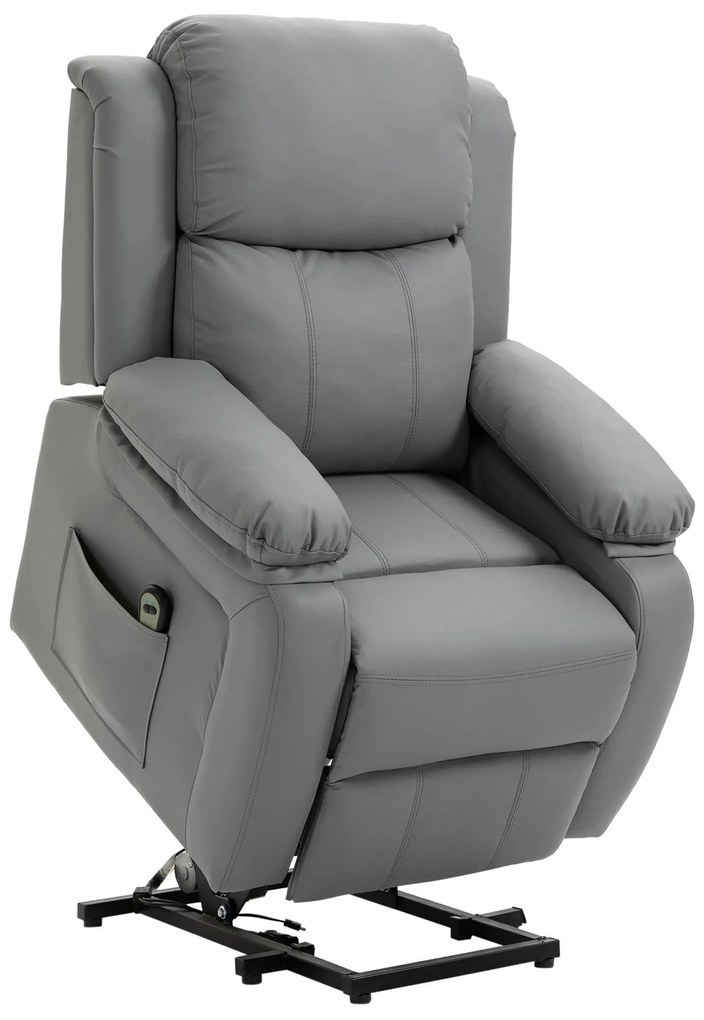 HOMCOM Poltrona Relax Levanta Pessoas com Controle Remoto Reclinação Elétrica de 160° Apoio para os Pés Encosto Estofado em PU e Bolsos Laterais 76x90x105cm Cinza