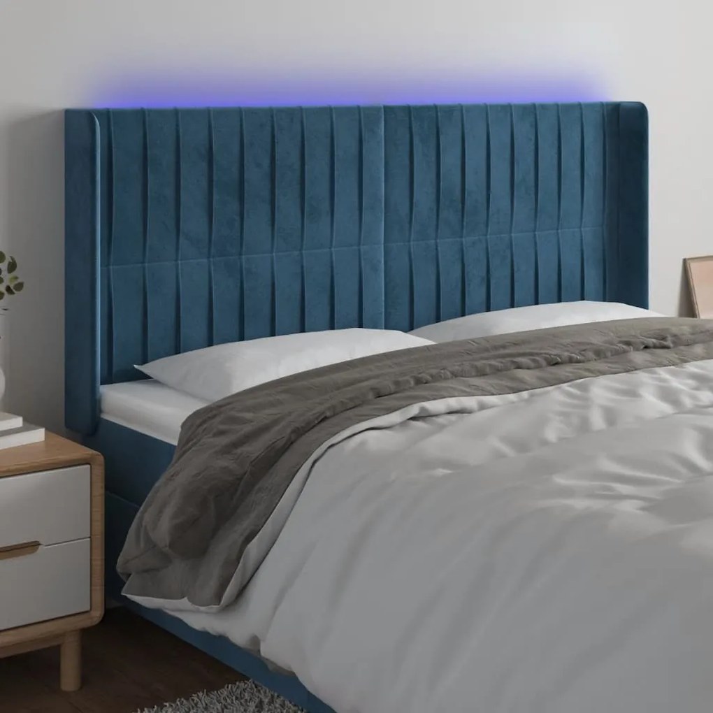 Cabeceira cama c/ luzes LED veludo 163x16x118/128cm azul-escuro