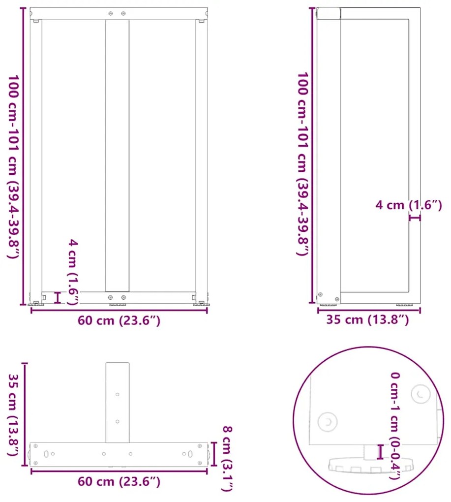 Pés de mesa de bar em forma de T, 2 peças, branco, 60x35x(100-101) cm,
