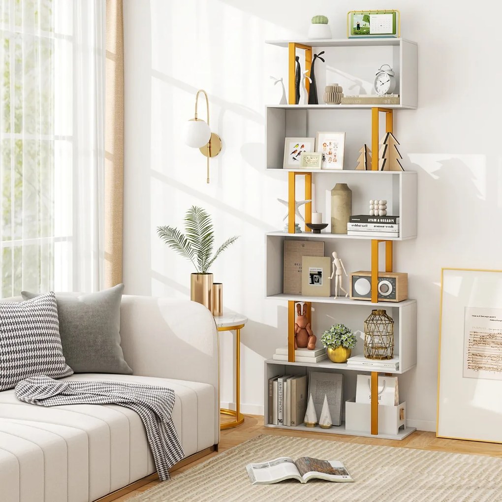 Estante geométrica em forma de S de 6 níveis 70 x 24 x 189 cm com estrutura metálica moderna Branco + Dourado