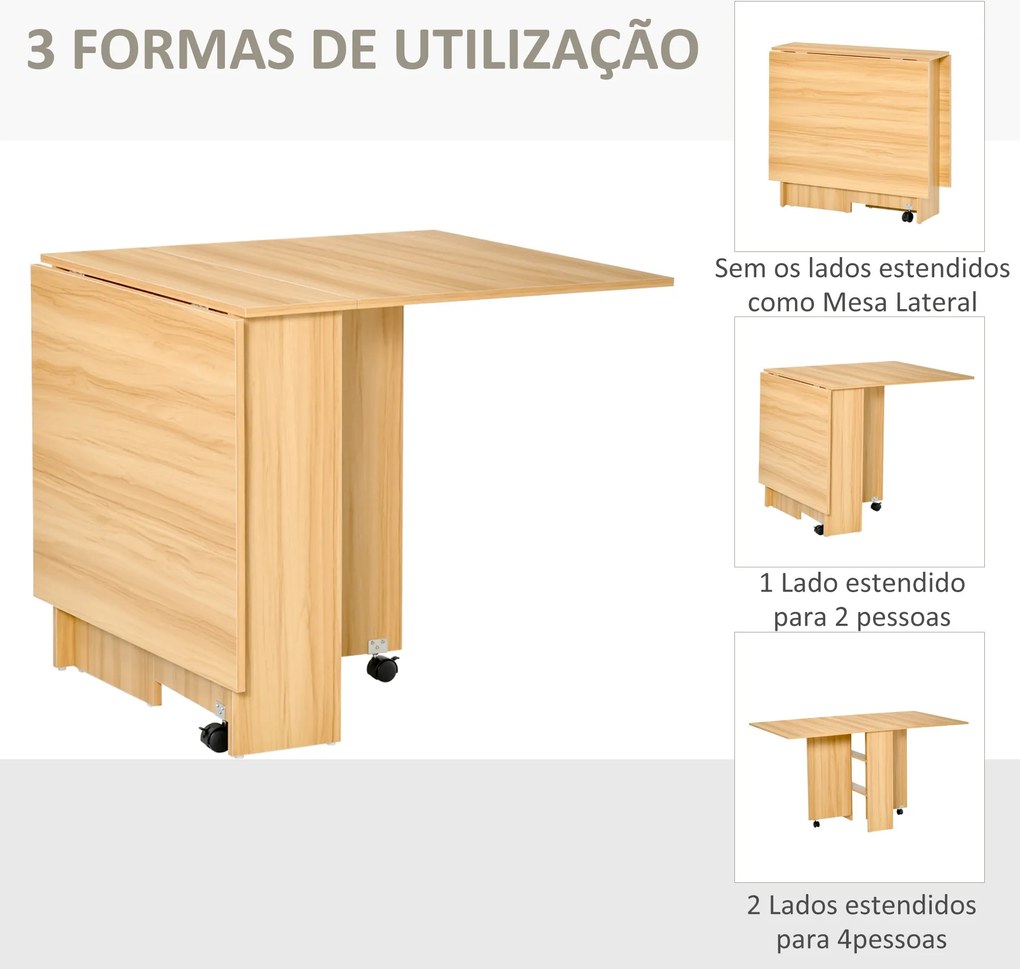 Mesa de Sala de Jantar Dobrável com Rodas Mesa Multifuncional para Sala de Jantar com 3 Formas 140x80x74cm Madeira