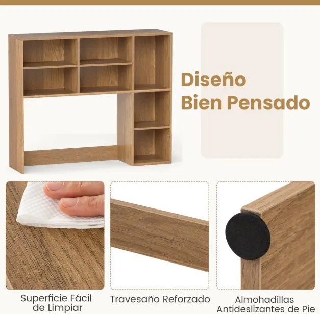 Estante de secretária 94 x 25 x 79 cm com 3 prateleiras ajustáveis e compartimento aberto para monitores até 27" para casa e escritório Natural