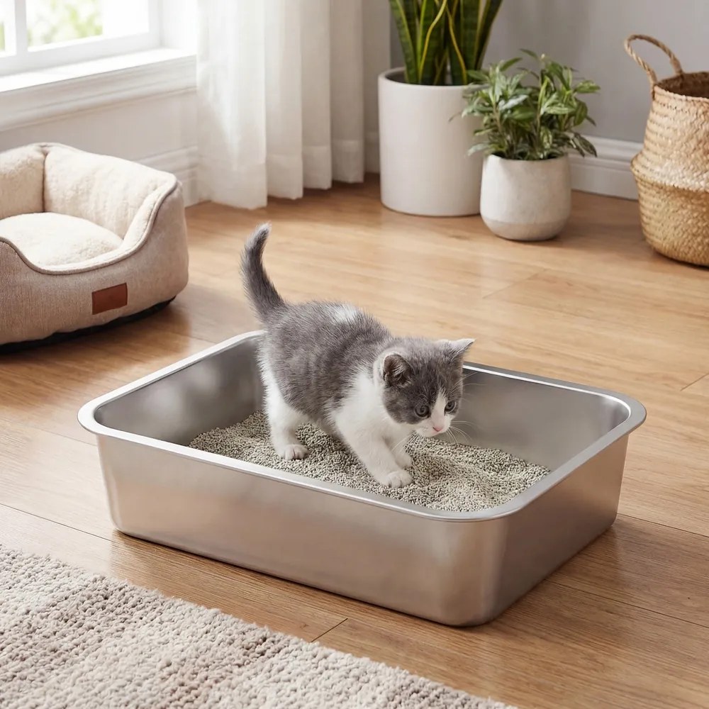Caixa de areia gatos em aço inoxidável, com pá, aberta  40 x 30 x 10 cm prateado