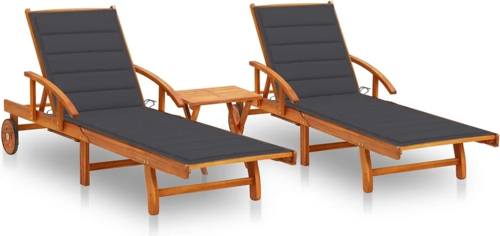 Espreguiçadeiras com mesa e almofadões 2 pcs acácia maciça