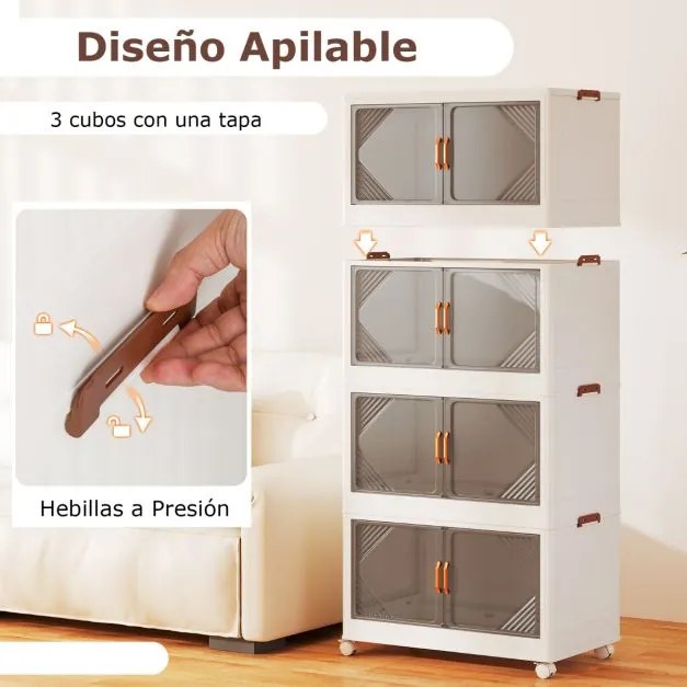 4 Caixas de armazenamento 284 L com tampa empilháveis com rodas e portas Organizador dobrável para quarto Branco