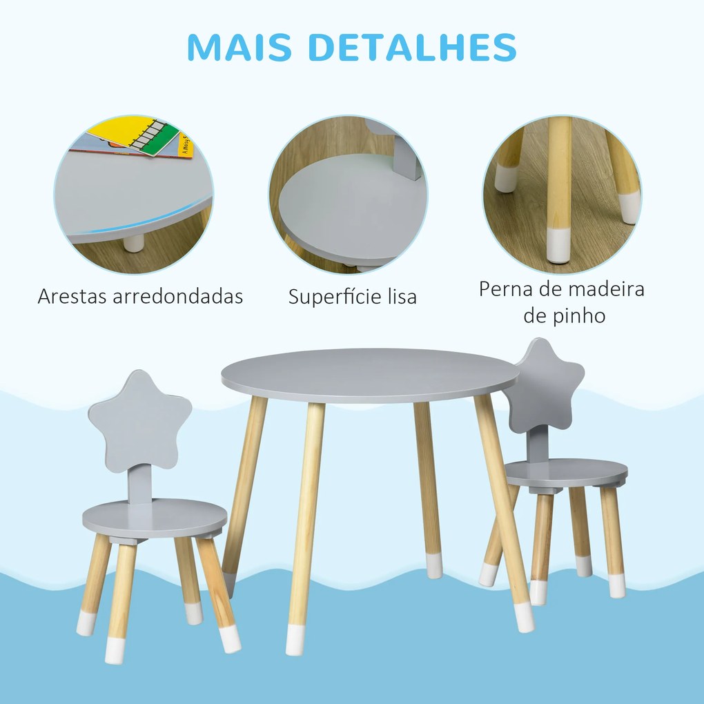 HOMCOM Conjunto de Mesa e 2 Cadeiras de Madeira para Crianças com Mesa Redonda Ø59x50cm e Cadeiras Ø28x51 Mobiliário Infantil para Sala de Jogos Quarto Cinza e Madeira