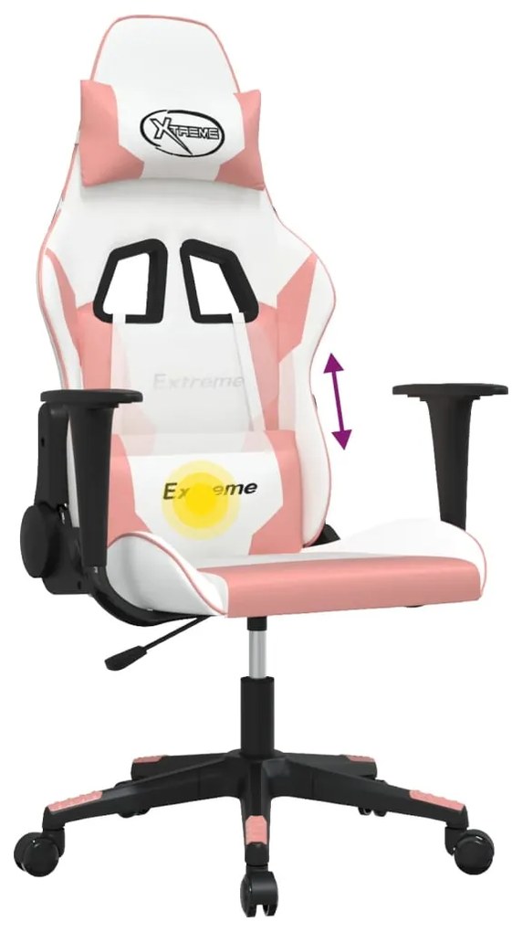 Cadeira gaming massagens couro artificial branco e rosa