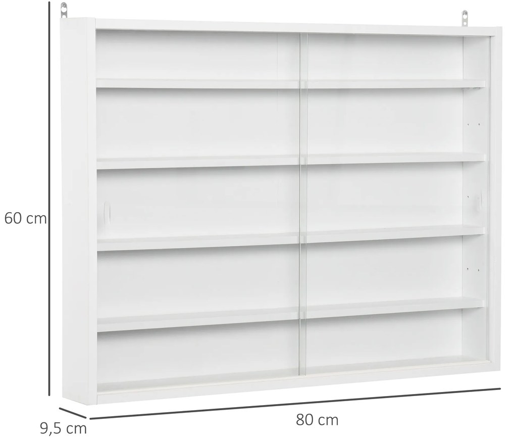 Vitrine de Parede de Madeira com Prateleiras Ajustáveis e 2 Portas Corredeiras de Vidro para Coleções Perfumes Bonecos de Decoração 80x9,5x60cm Branco