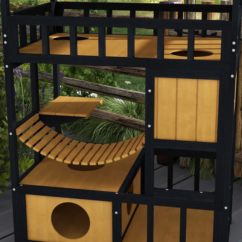 Casa para Gatos de Madeira 84x60x116 cm Abrigo para Gatos de 4 Níveis para Exterior com Ponte Suspensa Varanda Natural