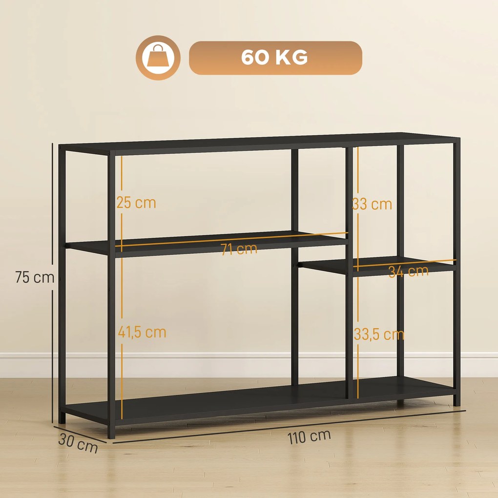Mesa consola estreito 110 x 30 x 75 cm com 4 prateleiras, estilo industrial, estrutura em aço, preta
