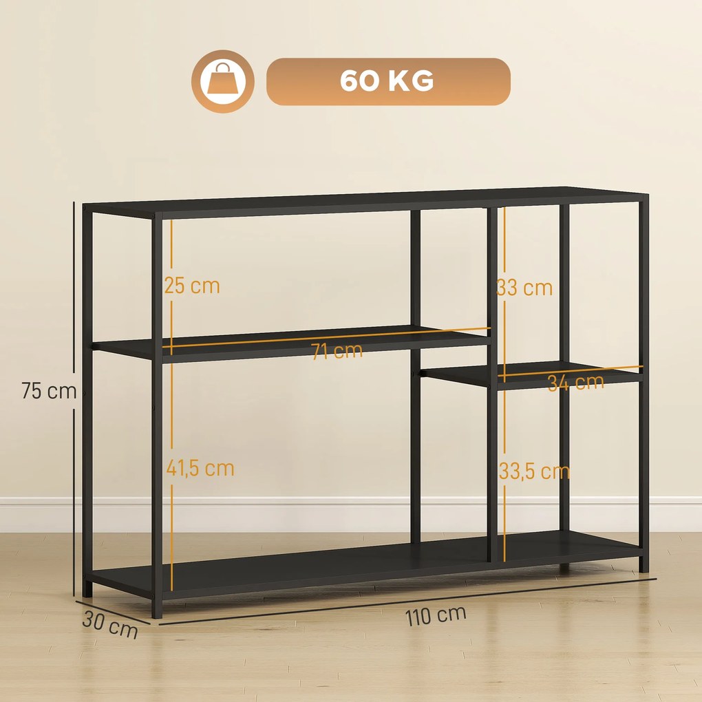 Mesa consola estreito com 4 prateleiras, estilo industrial, estrutura em aço, 110 x 30 x 75 cm, preto