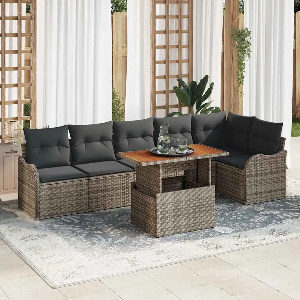 vidaXL Conjunto de Sofá de Jardim de 7 Peças com Almofadas Cinzas em Rattan Sintético