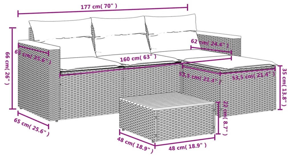 5 pcs conjunto sofás de jardim com almofadões acácia e vime PE