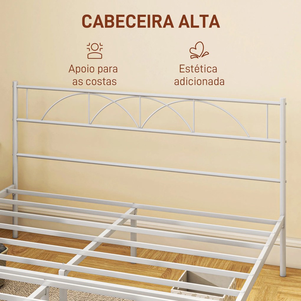 Cama de Casal 135x190 cm Com Cabeceira de Ripas de Aço e Espaço de Arrumação Debaixo da Cama Carga 330 kg Branca