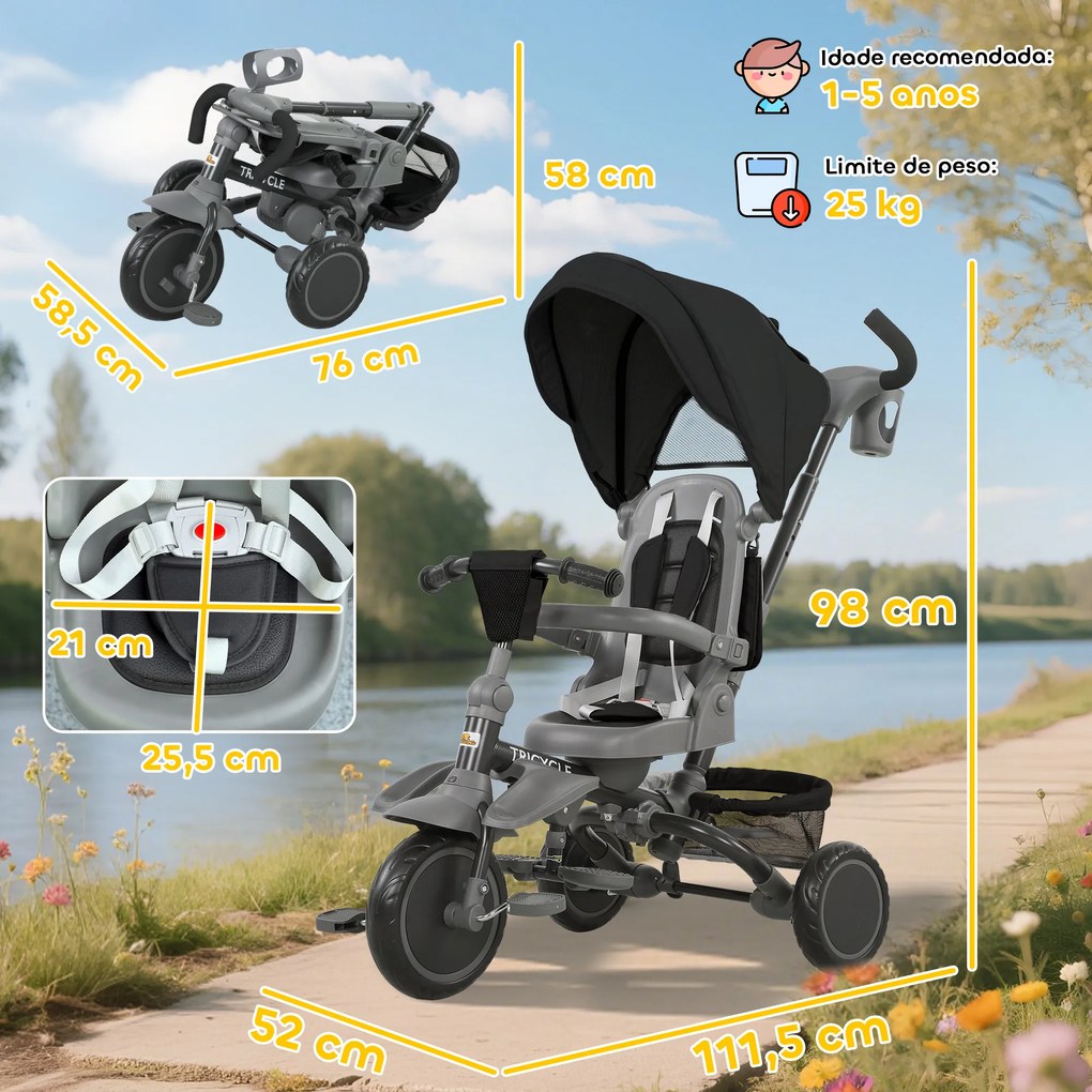 Triciclo Evolutivo 6 em 1 Dobrável com Assento Giratório de 360° Mango Parental Encosto Reclinável Toldo 111,5x52x98 cm Preto