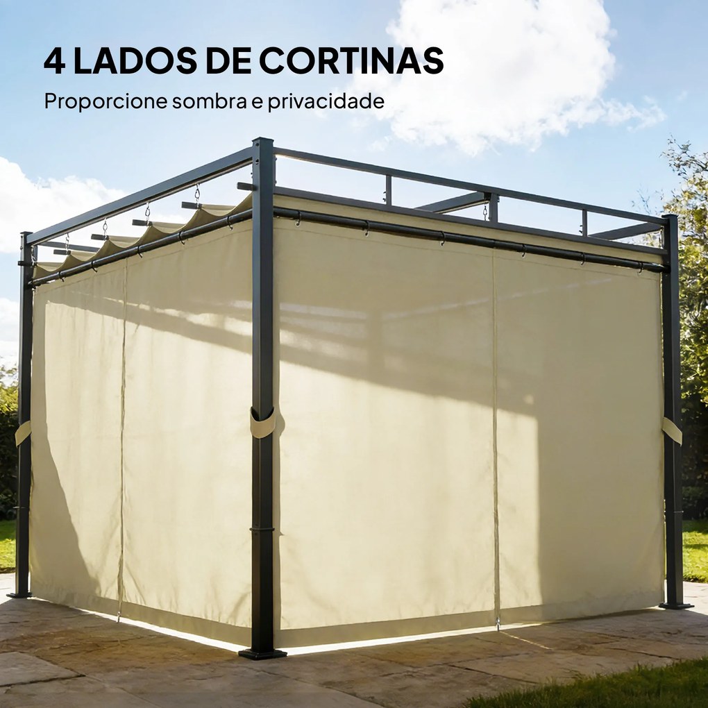 Pérgola de Jardim 295x295x221 cm com Teto Retrátil e Cortinas UPF30+ Estrutura Metálica Pérgola para Exterior Bege