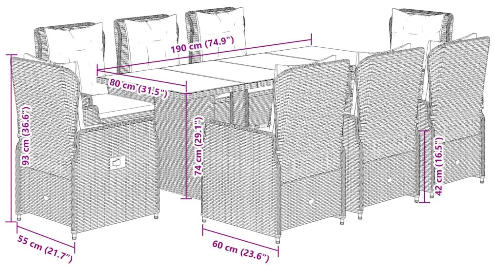 9 pcs conjunto de jantar p/ jardim com almofadões vime PE bege