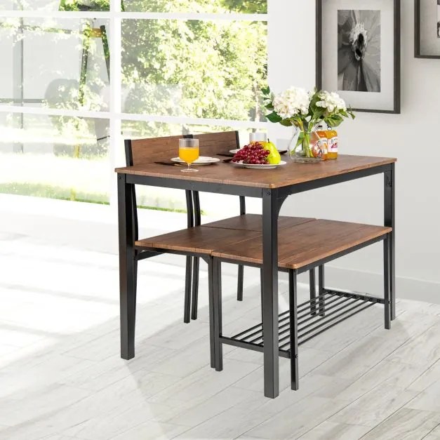 Conjunto de mesa de cozinha com 2 cadeiras e 1 banco Estrutura metálica e estante castanho claro