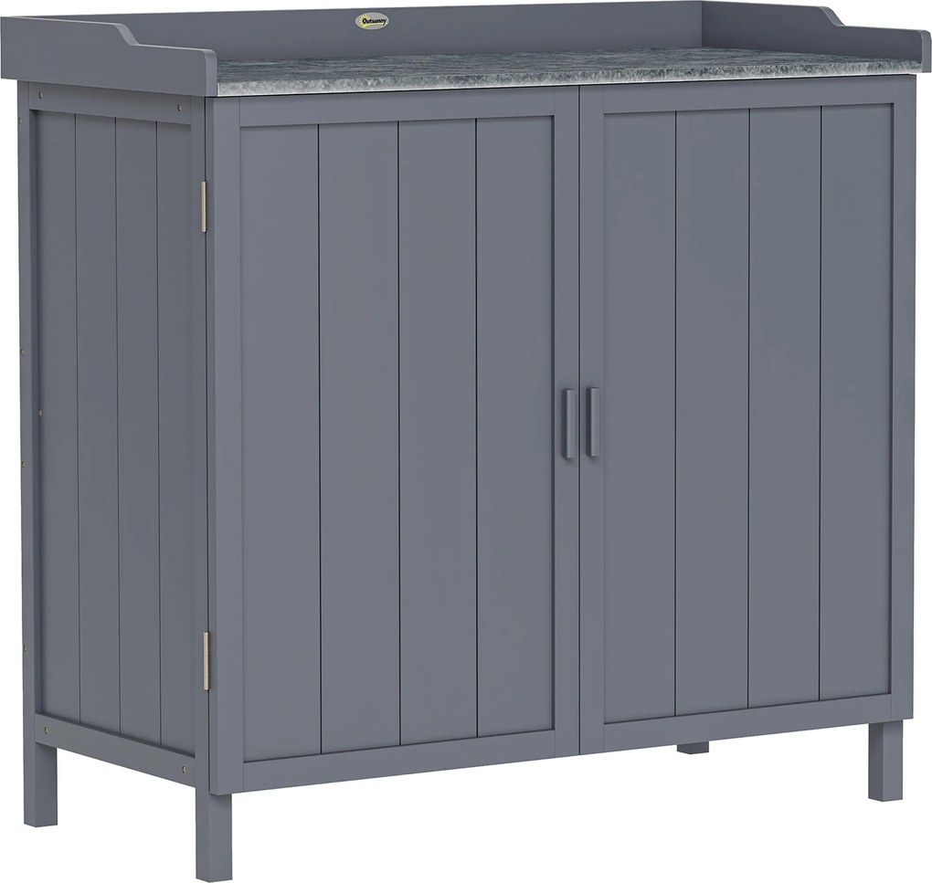 Outsunny Armário de Jardim de Madeira com Mesa de Plantação Exterior 2 Portas Fechadura Magnética e 2 Prateleiras 98x48x95,5 cm Cinza | Aosom Portugal