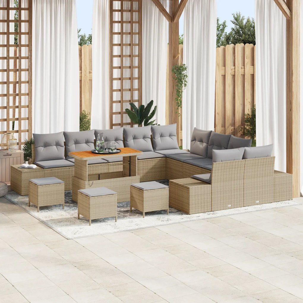 Conjunto de Sofá de Jardim vidaXL de 14 Peças com Almofadas Bege Rattan Acácia