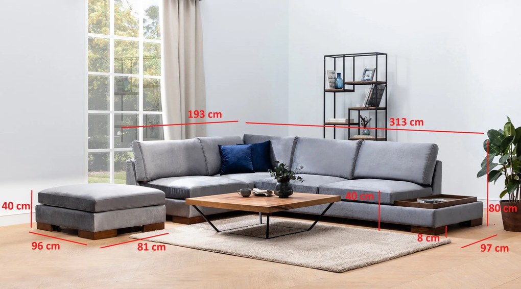 Sofá de Canto Tulip – Cinzento Escuro – 193 cm x 313 cm