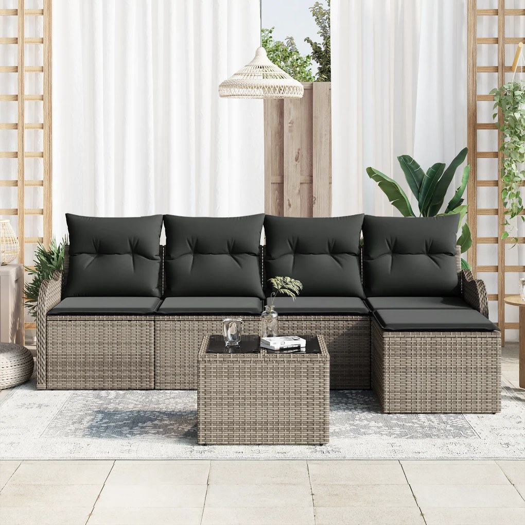 Conjunto de Sofá de 5 Peças vidaXL com Almofadas Rattan Poliéster Pret