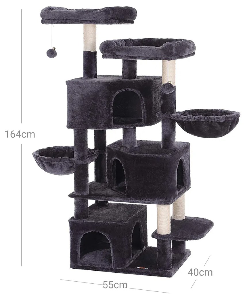 Arranhador para gatos com 3 grutas para gatos 55 x 40 x 164 cm Cinzento 