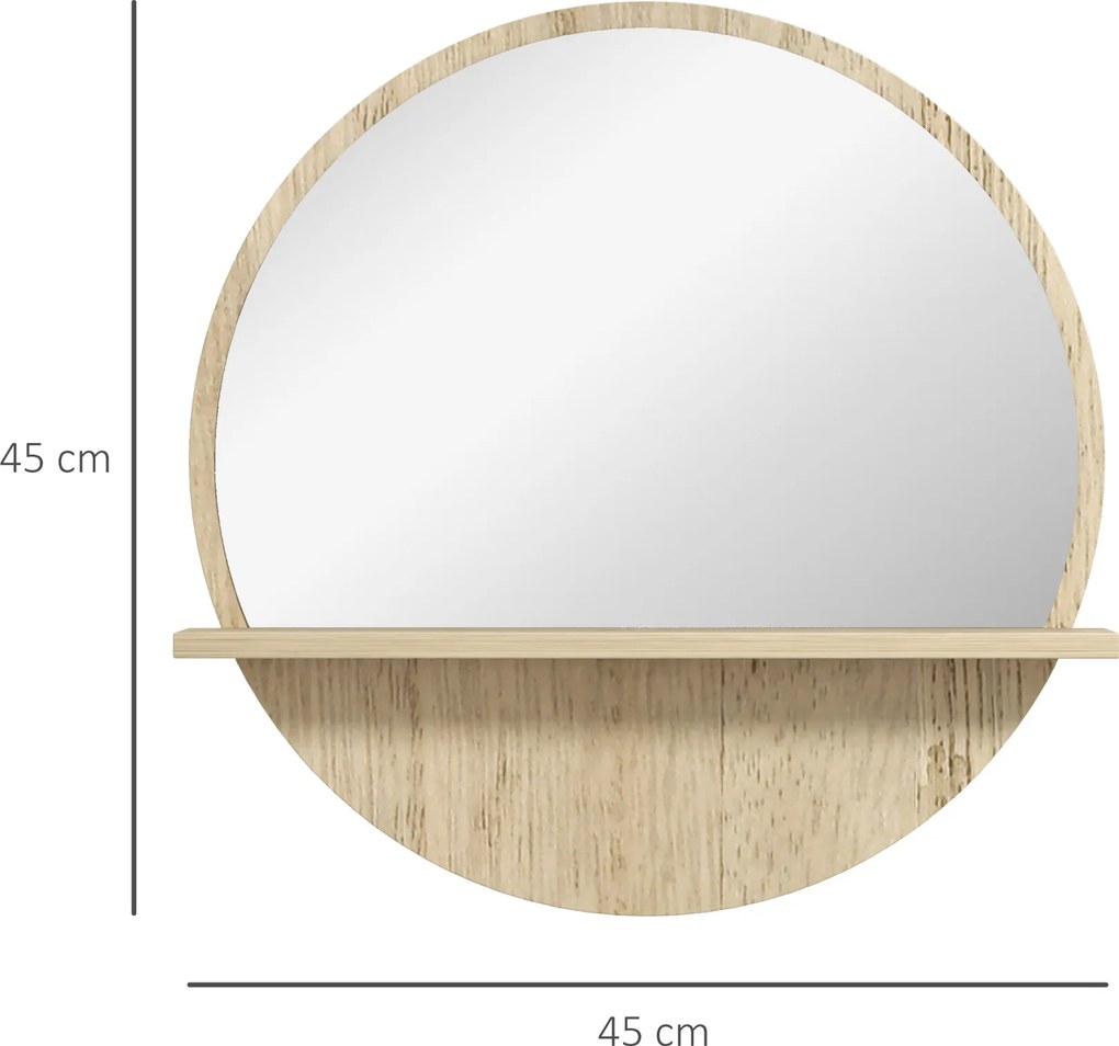 Espelho redondo de parede para casa de banho com 1 prateleira de arrumação - Ø 45 x 10 cm (altura) - painel de aglomerado efeito de madeira natural
