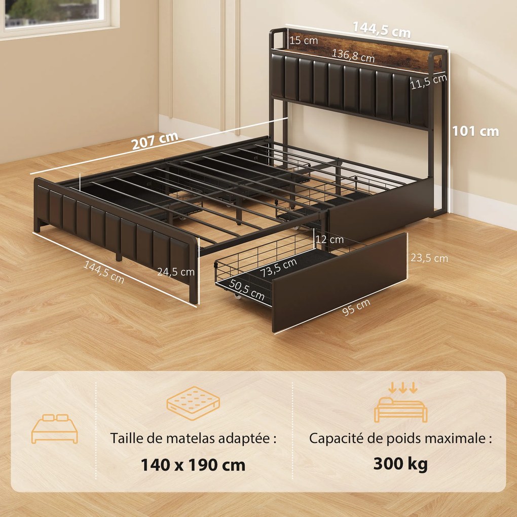 Estrutura de cama de 140 x 190 cm com base de ripas metálicas (COLCHÃO NÃO INCLUIDO), cama de casal estofada com 4 gavetas e prateleira, preta