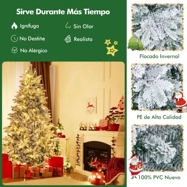 Árvore de Natal com neve de 210 cm com 1687 ramos, 300 luzes LED quentes e design com dobradiças verde
