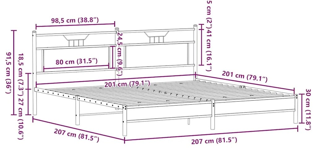 Estrutura de cama sem colchão 200x200cm metal carvalho sonoma