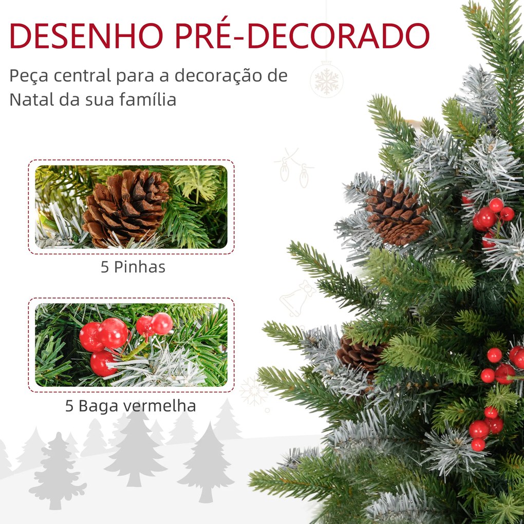 Árvore de Natal de Mesa 60 cm com 20 Luzes LED 141 Ramos 5 Pinhas 5 Bagas Vermelhas e Suporte de Metal para Interior Verde