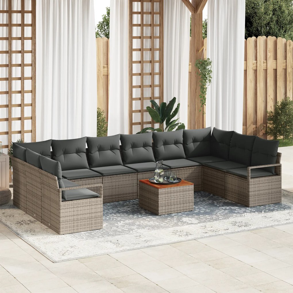 Conjunto de Sofá de Jardim de 11 Peças com Almofadas Cinzas em Rattan